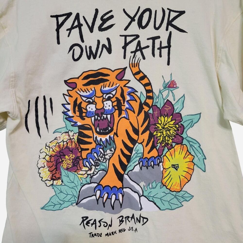 Reason Brand Unisex Cream Embroidered Tiger T-shirt 100% Cotton
